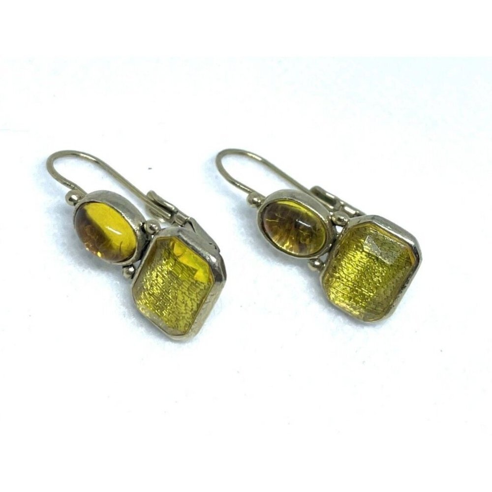 Liz Claiborne French Hook Earring Yellow Gemstone Lever Back Closure Silver Tone